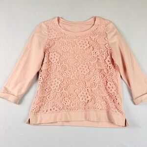 Lands End Lace Top Womens Medium Pink 3/4 Sleeve Knit Coquette Coastal Romantic